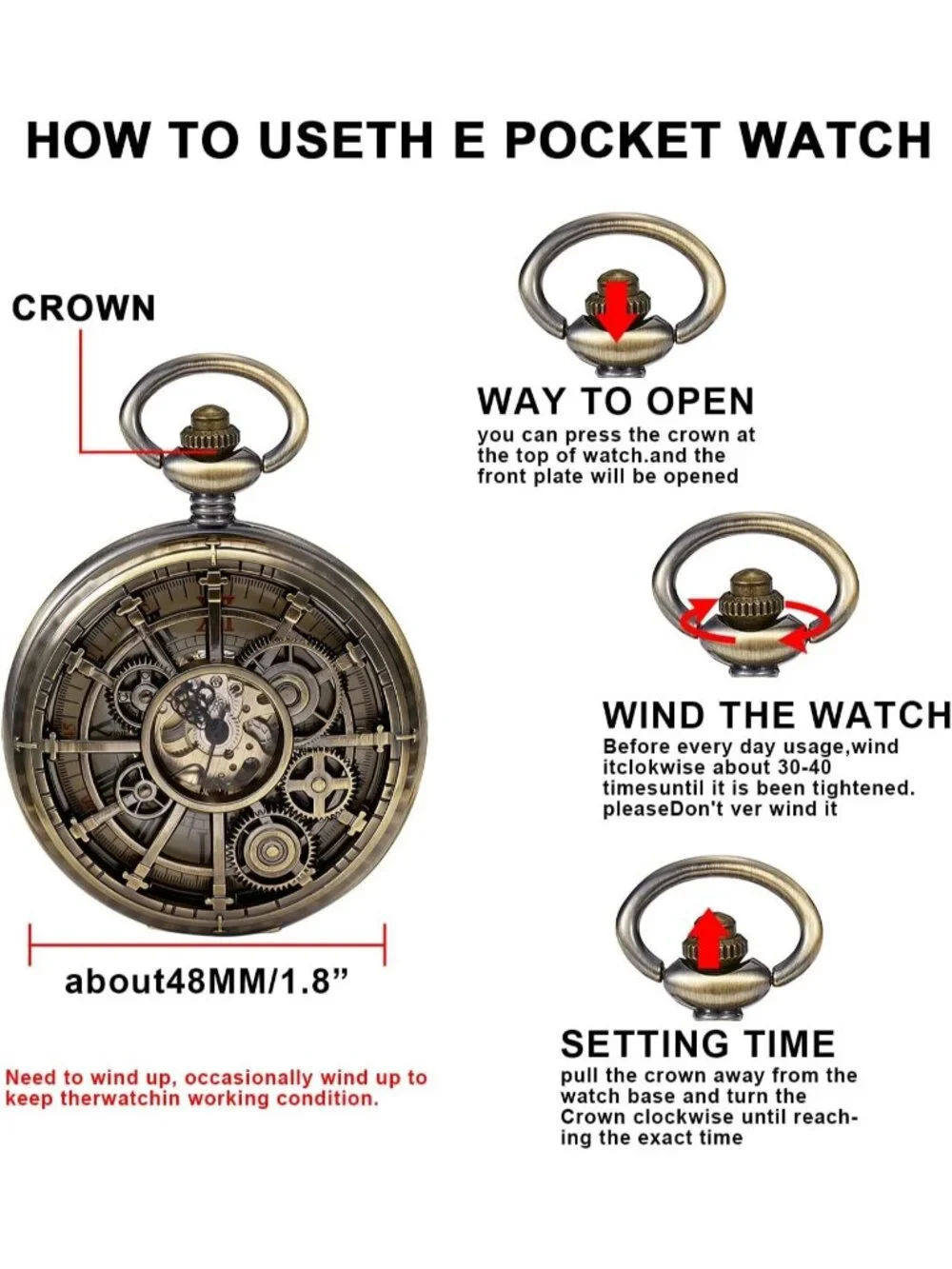 Men's Brown Vintage Style Hollow-Out Round Gear Arabic Mechanical Pocket Watch